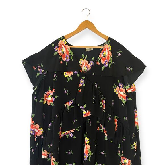 ASOS Design Curve Midi Tea Dress With Cape Back 26 Black Multi Floral Print - Picture 3 of 13